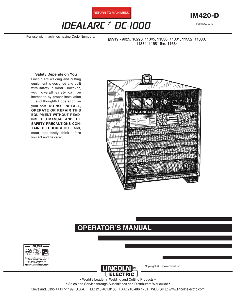 Lincoln Electric IDEALARC IM420-D User Manual | 35 pages