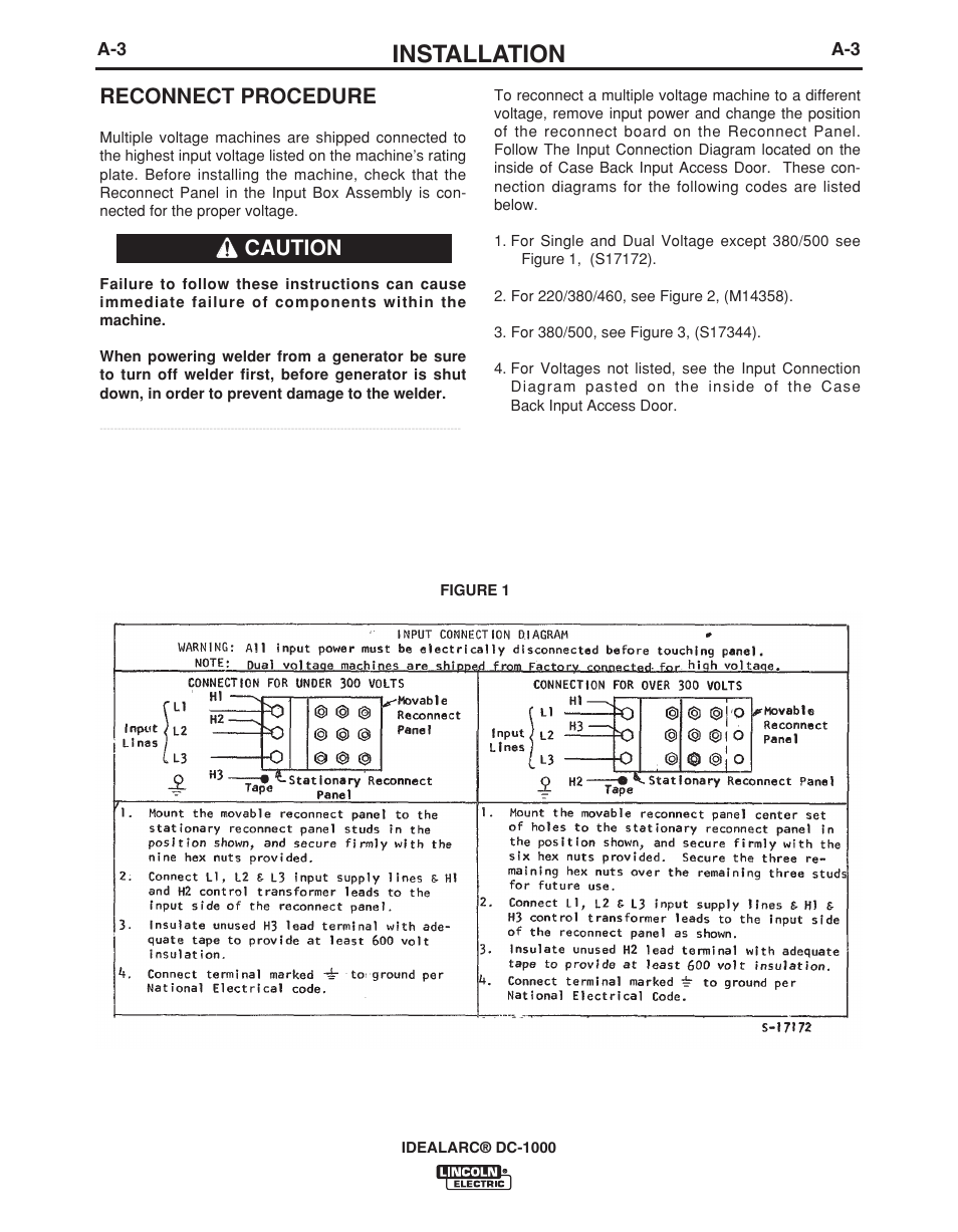 Installation, Reconnect procedure, Caution | Lincoln Electric IDEALARC IM420-D User Manual | Page 10 / 35