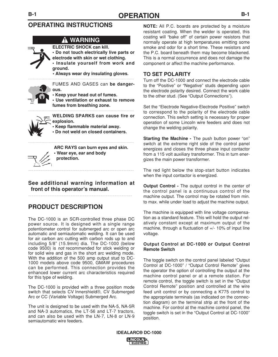 Operation, Product description, Operating instructions | Warning | Lincoln Electric IDEALARC IM420-D User Manual | Page 13 / 35