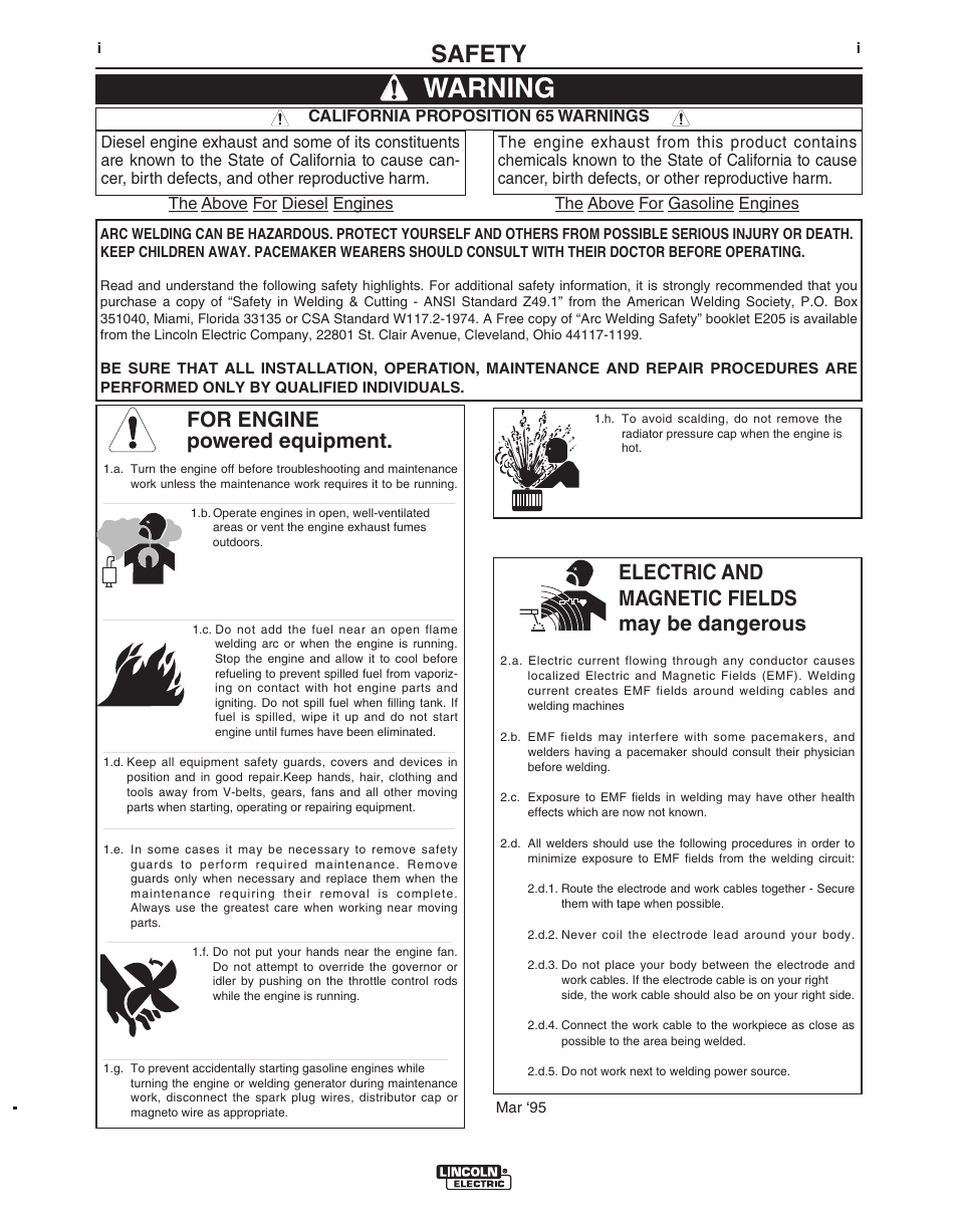 Warning, Safety, For engine powered equipment | Electric and magnetic fields may be dangerous | Lincoln Electric IDEALARC IM420-D User Manual | Page 2 / 35