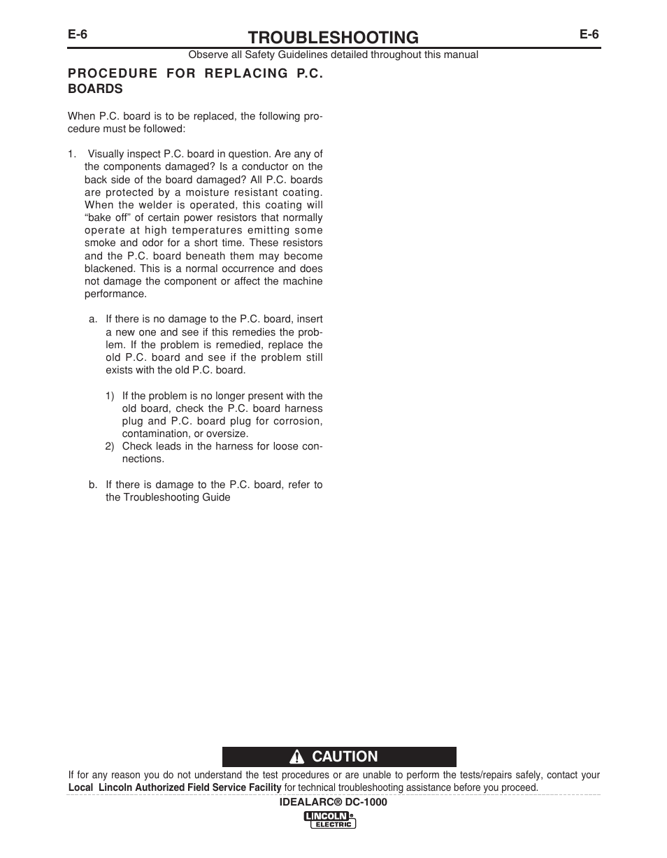 Troubleshooting, Caution | Lincoln Electric IDEALARC IM420-D User Manual | Page 22 / 35