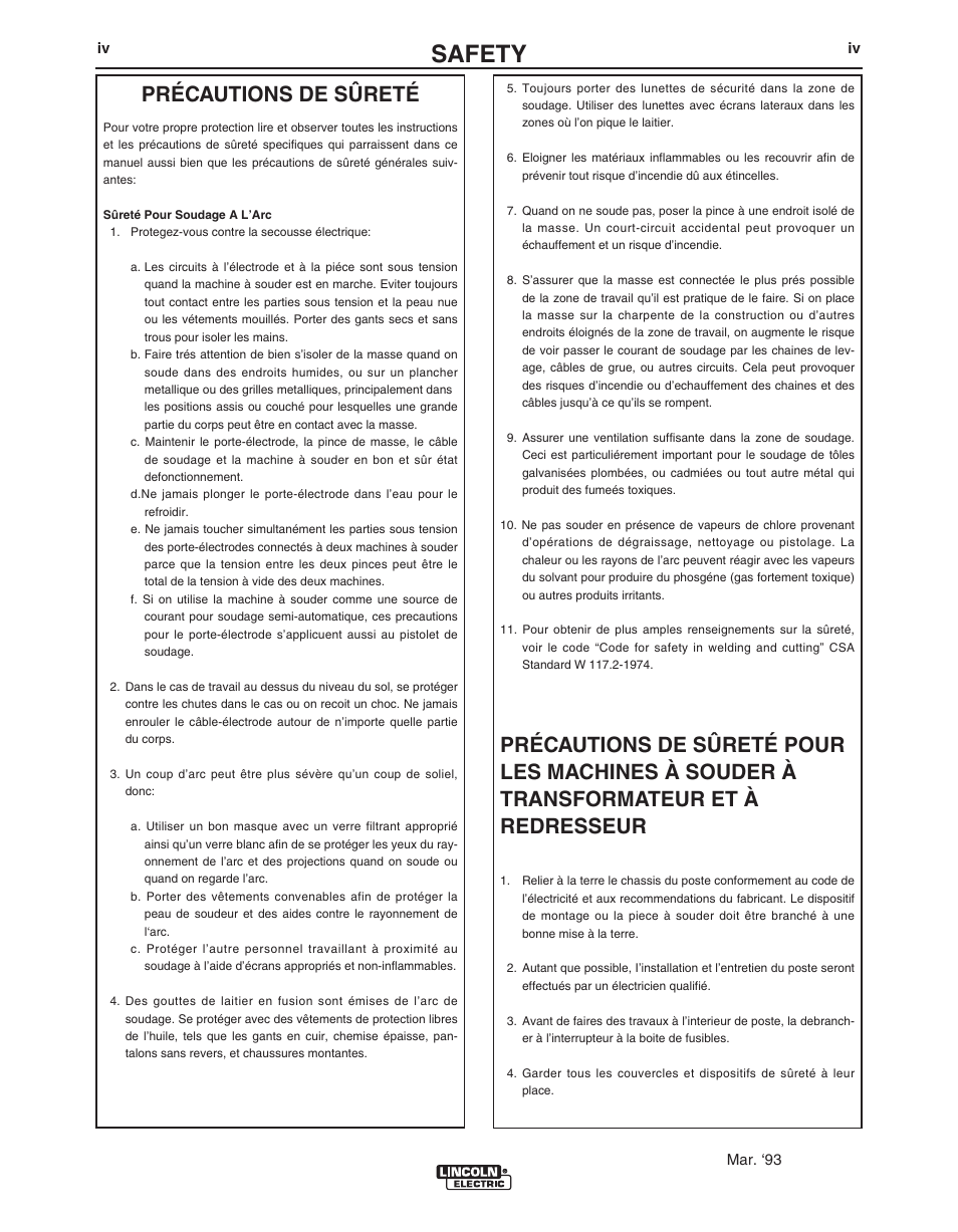 Safety, Précautions de sûreté | Lincoln Electric IDEALARC IM420-D User Manual | Page 5 / 35