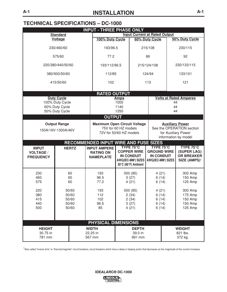 Installation, Technical specifications – dc-1000 | Lincoln Electric IDEALARC IM420-D User Manual | Page 8 / 35