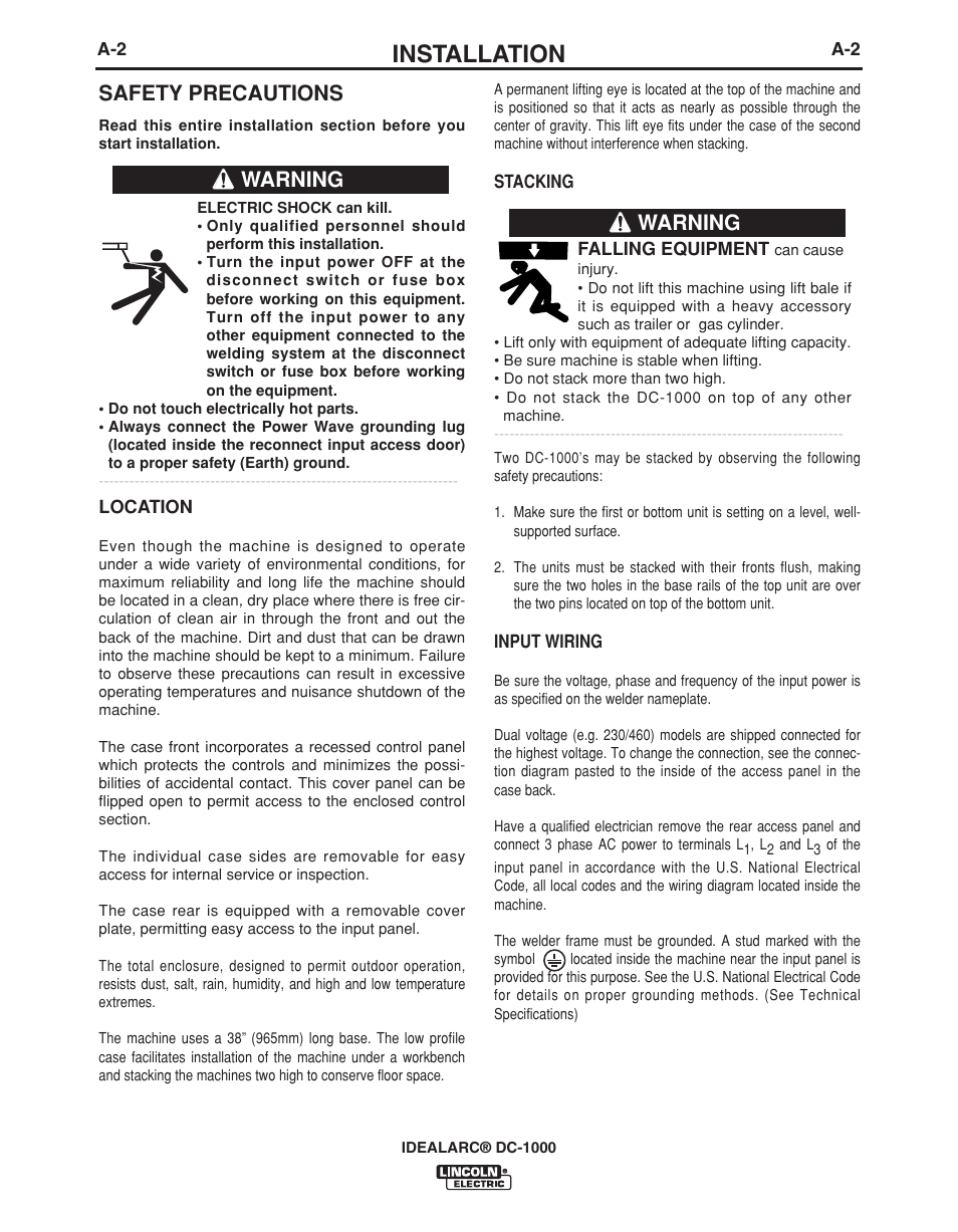 Installation, Safety precautions, Warning | Lincoln Electric IDEALARC IM420-D User Manual | Page 9 / 35
