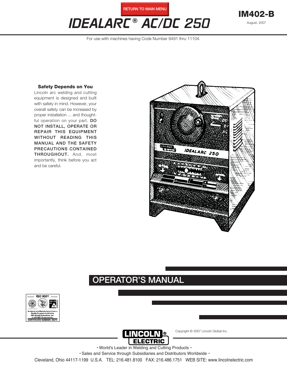 Lincoln Electric IDEALARC IM402-B User Manual | 21 pages