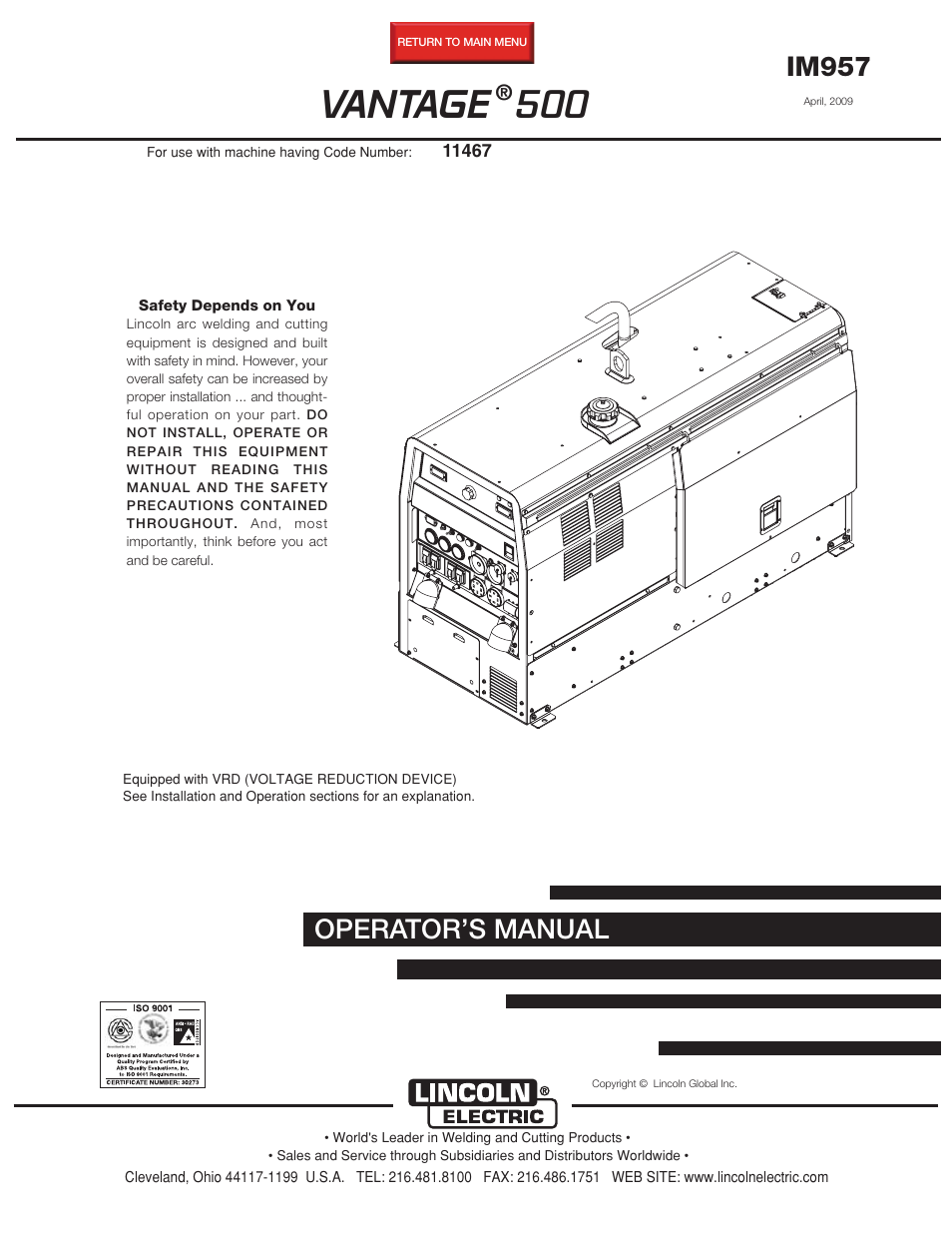 Lincoln Electric VANTAGE 500 User Manual | 54 pages
