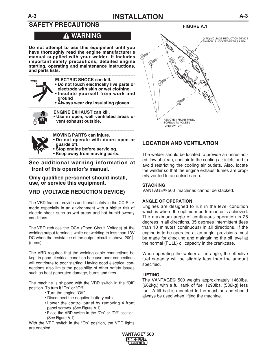 Installation, Safety precautions, Warning | Lincoln Electric VANTAGE 500 User Manual | Page 11 / 54