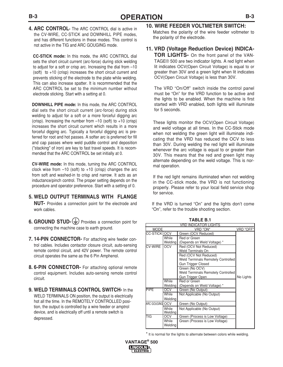 Operation, B-3 4. arc control, Weld output terminals with flange nut | Ground stud, 14-pin connector, 6-pin connector, Weld terminals control switch, Wire feeder voltmeter switch, Vrd (voltage reduction device) indica- tor lights | Lincoln Electric VANTAGE 500 User Manual | Page 21 / 54