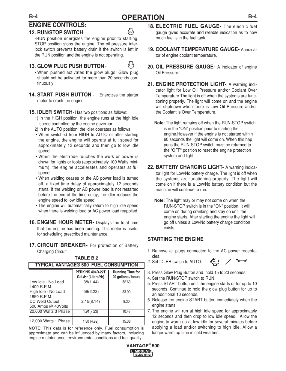 Operation, Engine controls | Lincoln Electric VANTAGE 500 User Manual | Page 22 / 54