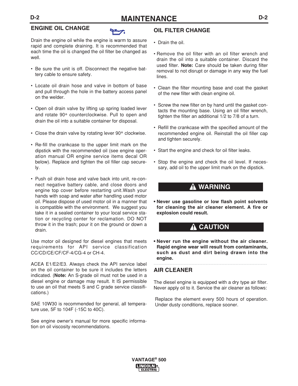 Maintenance, Caution warning | Lincoln Electric VANTAGE 500 User Manual | Page 28 / 54