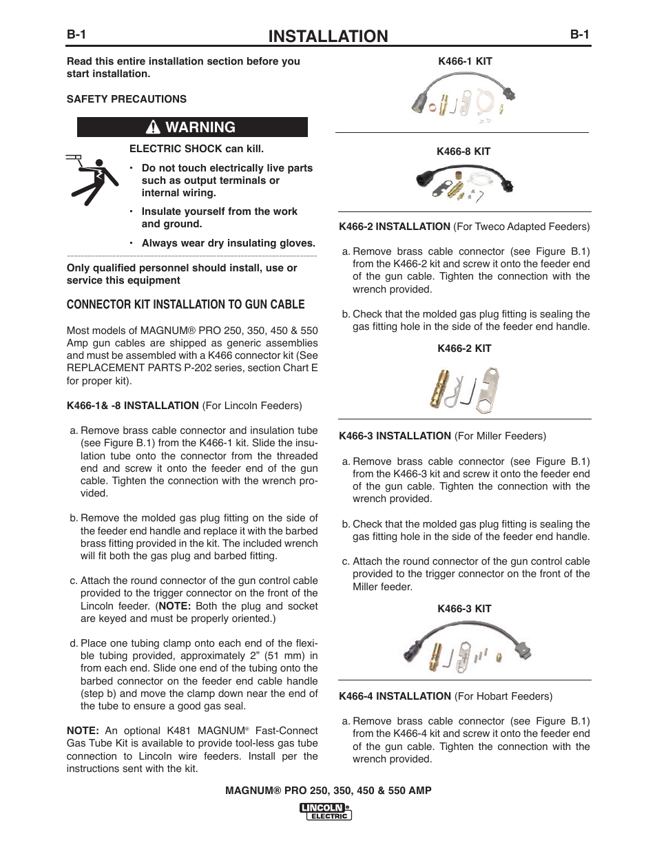 Installation, Warning | Lincoln Electric MAGNUM 450 User Manual | Page 11 / 27