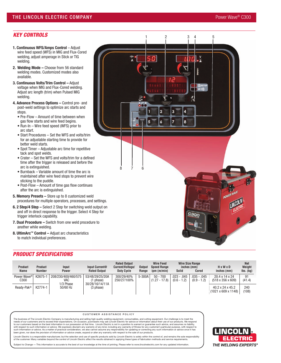 Key controls, Product specifications, C300 | Lincoln Electric Power Wave C300 User Manual | Page 2 / 2