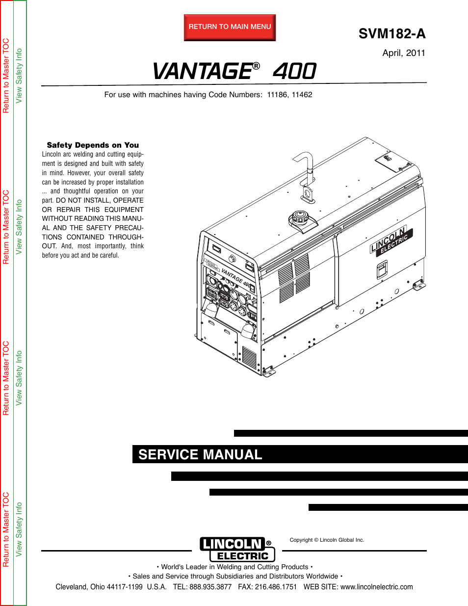 Lincoln Electric VANTAGE 400 User Manual | 166 pages
