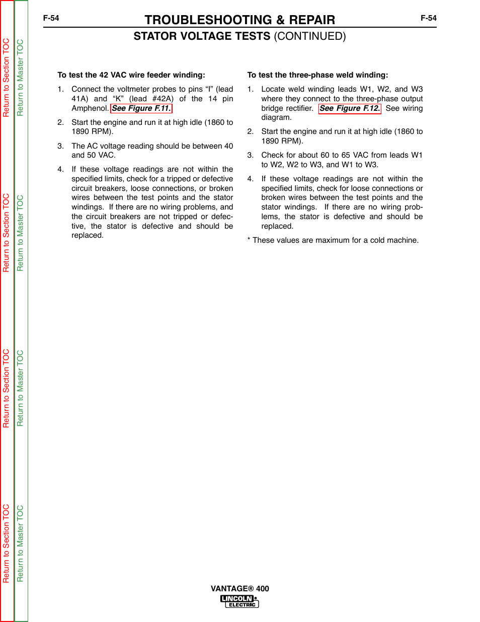 Troubleshooting & repair, Stator voltage tests (continued) | Lincoln Electric VANTAGE 400 User Manual | Page 102 / 166