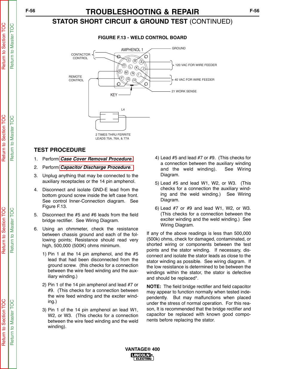 Troubleshooting & repair, Stator short circuit & ground test (continued), Test procedure | Lincoln Electric VANTAGE 400 User Manual | Page 104 / 166