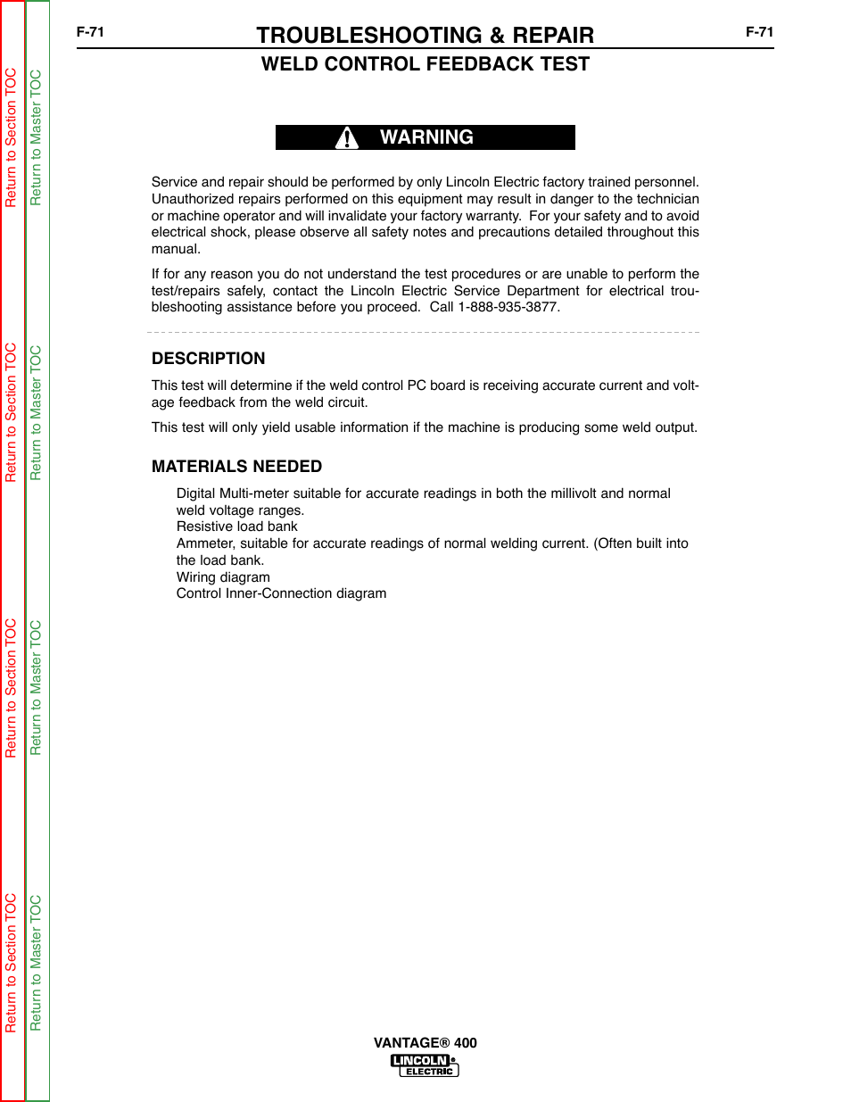 The weld control feed- back test, Troubleshooting & repair, Weld control feedback test warning | Lincoln Electric VANTAGE 400 User Manual | Page 119 / 166