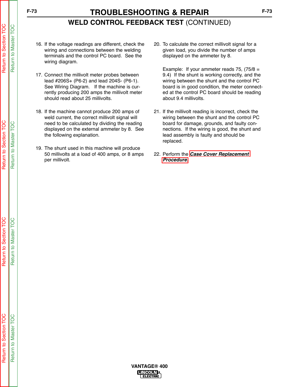 Troubleshooting & repair, Weld control feedback test (continued) | Lincoln Electric VANTAGE 400 User Manual | Page 121 / 166