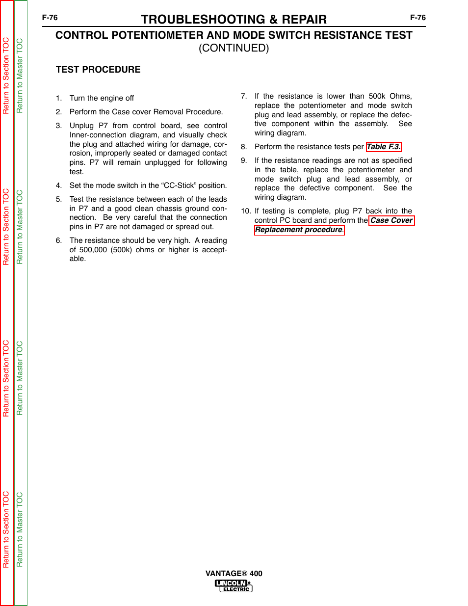 Troubleshooting & repair | Lincoln Electric VANTAGE 400 User Manual | Page 124 / 166