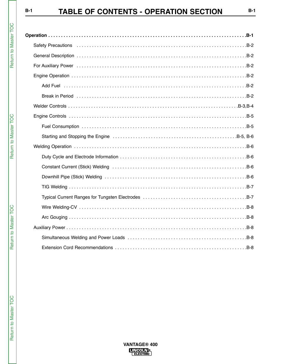 Section b - operation | Lincoln Electric VANTAGE 400 User Manual | Page 17 / 166