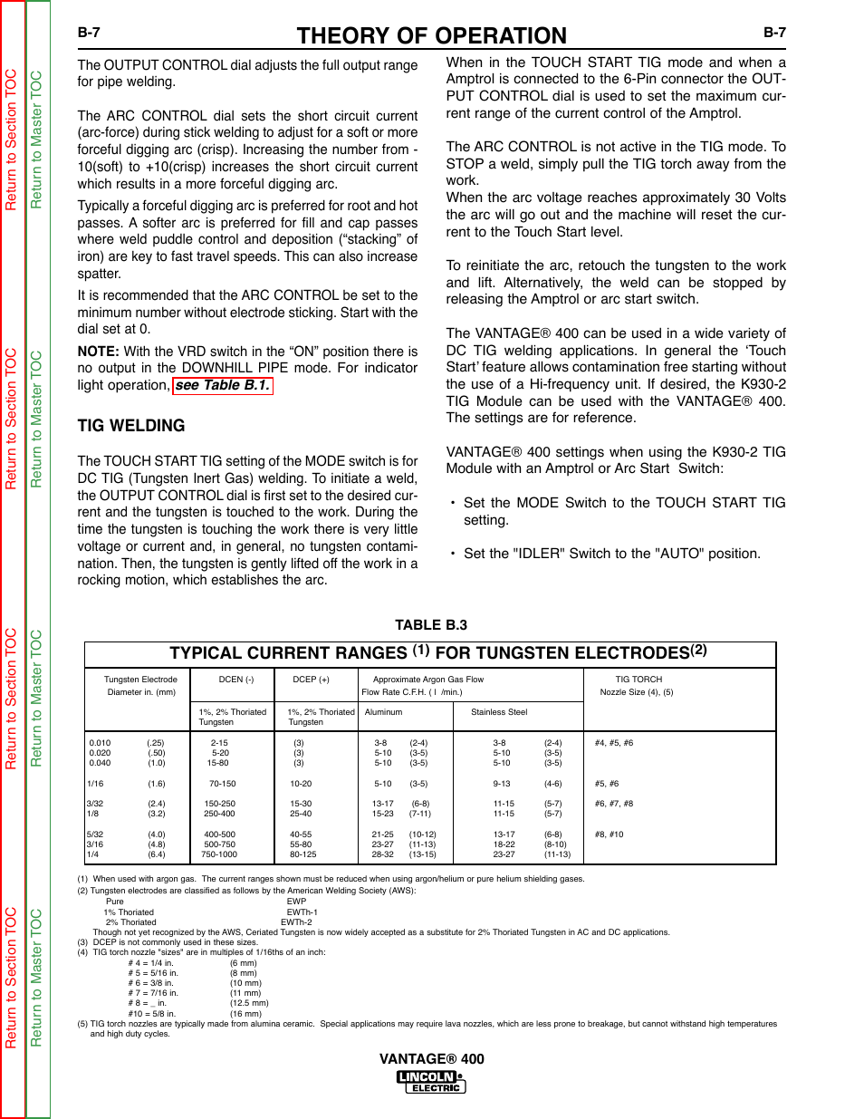 Theory of operation, Tig welding, Typical current ranges | For tungsten electrodes | Lincoln Electric VANTAGE 400 User Manual | Page 23 / 166