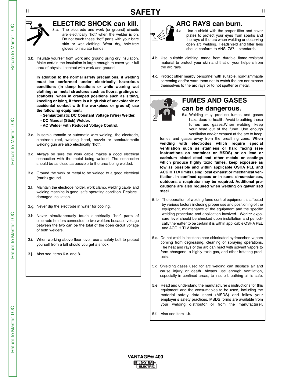 Safety, Fumes and gases can be dangerous, Arc rays can burn | Electric shock can kill | Lincoln Electric VANTAGE 400 User Manual | Page 3 / 166