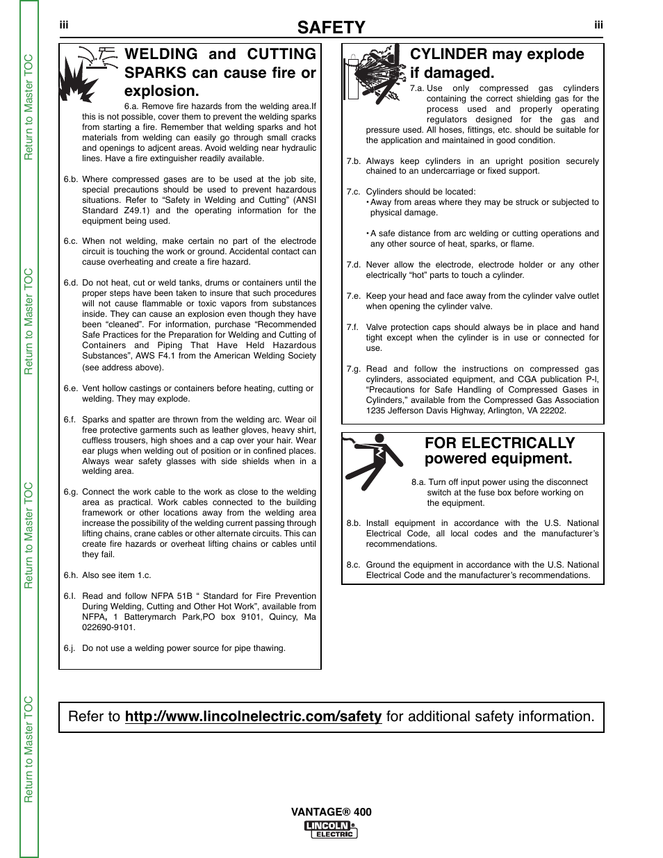 Safety, For electrically powered equipment, Cylinder may explode if damaged | Lincoln Electric VANTAGE 400 User Manual | Page 4 / 166