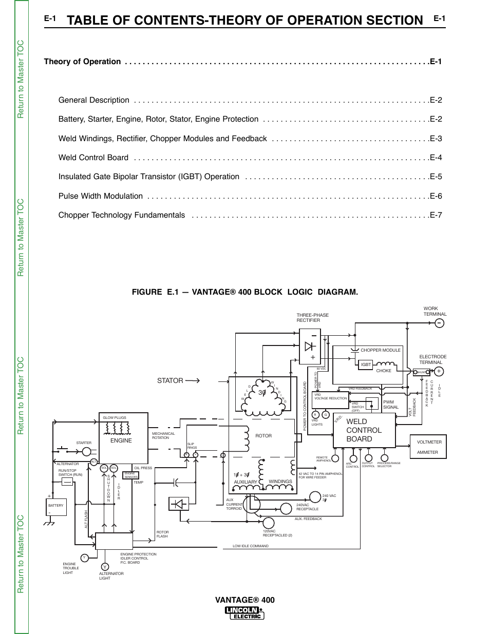 Section e - theory of operation, Weld control board, Stator | Lincoln Electric VANTAGE 400 User Manual | Page 41 / 166