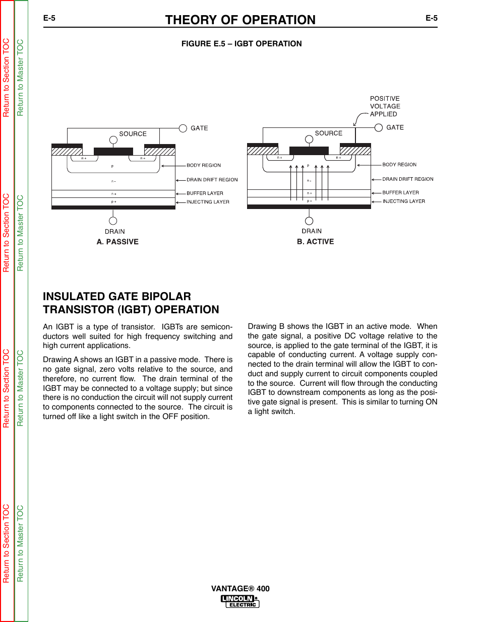 Igbt operation, Theory of operation, Insulated gate bipolar transistor (igbt) operation | Lincoln Electric VANTAGE 400 User Manual | Page 45 / 166