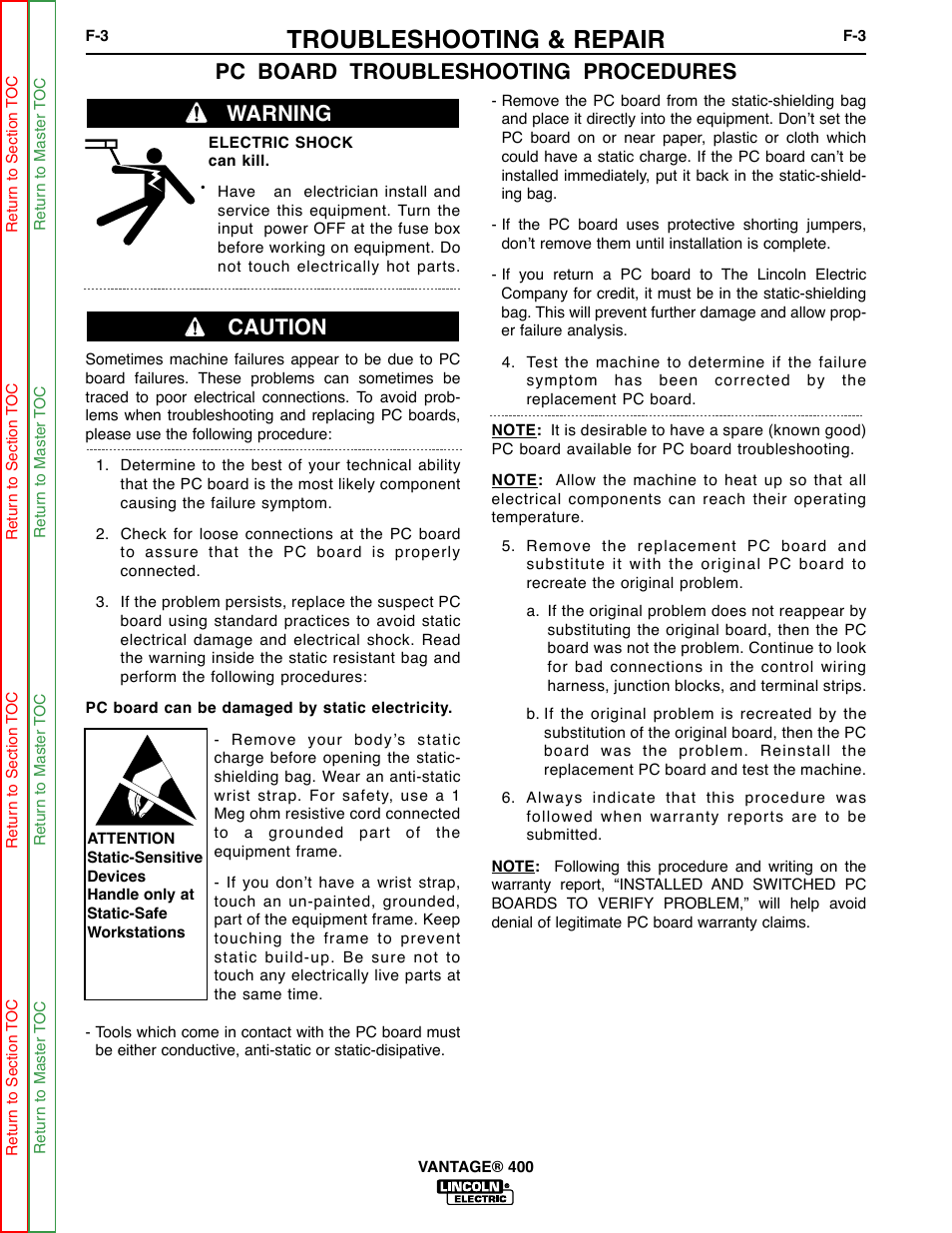 Troubleshooting & repair, Pc board troubleshooting procedures, Warning caution | Lincoln Electric VANTAGE 400 User Manual | Page 51 / 166