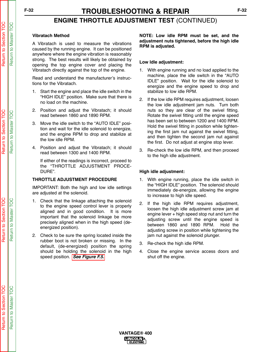 Throttle adjustment proce- dure, Throttle adjustment proce- dure later, Troubleshooting & repair | Engine throttle adjustment test (continued) | Lincoln Electric VANTAGE 400 User Manual | Page 80 / 166