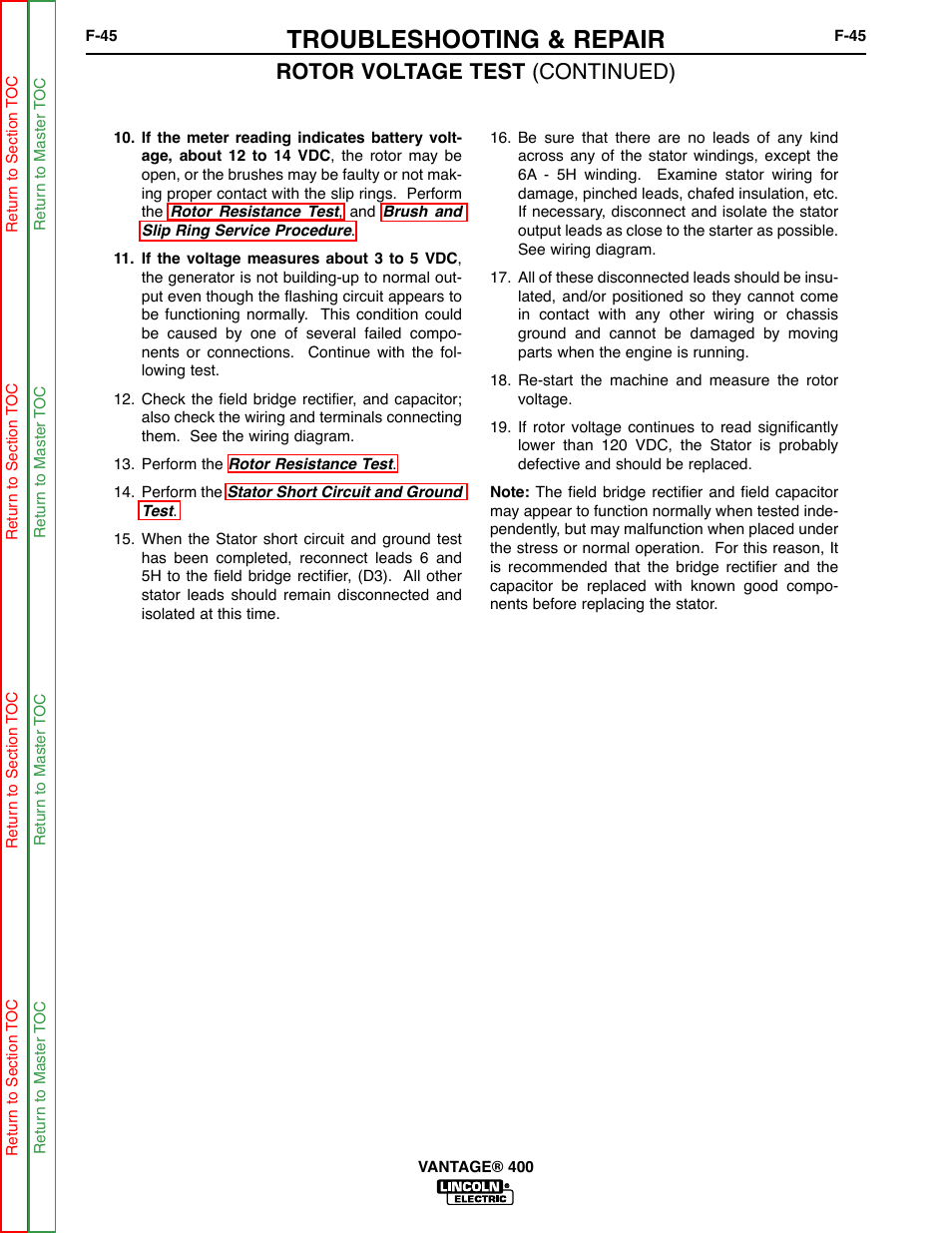 Troubleshooting & repair, Rotor voltage test (continued) | Lincoln Electric VANTAGE 400 User Manual | Page 93 / 166