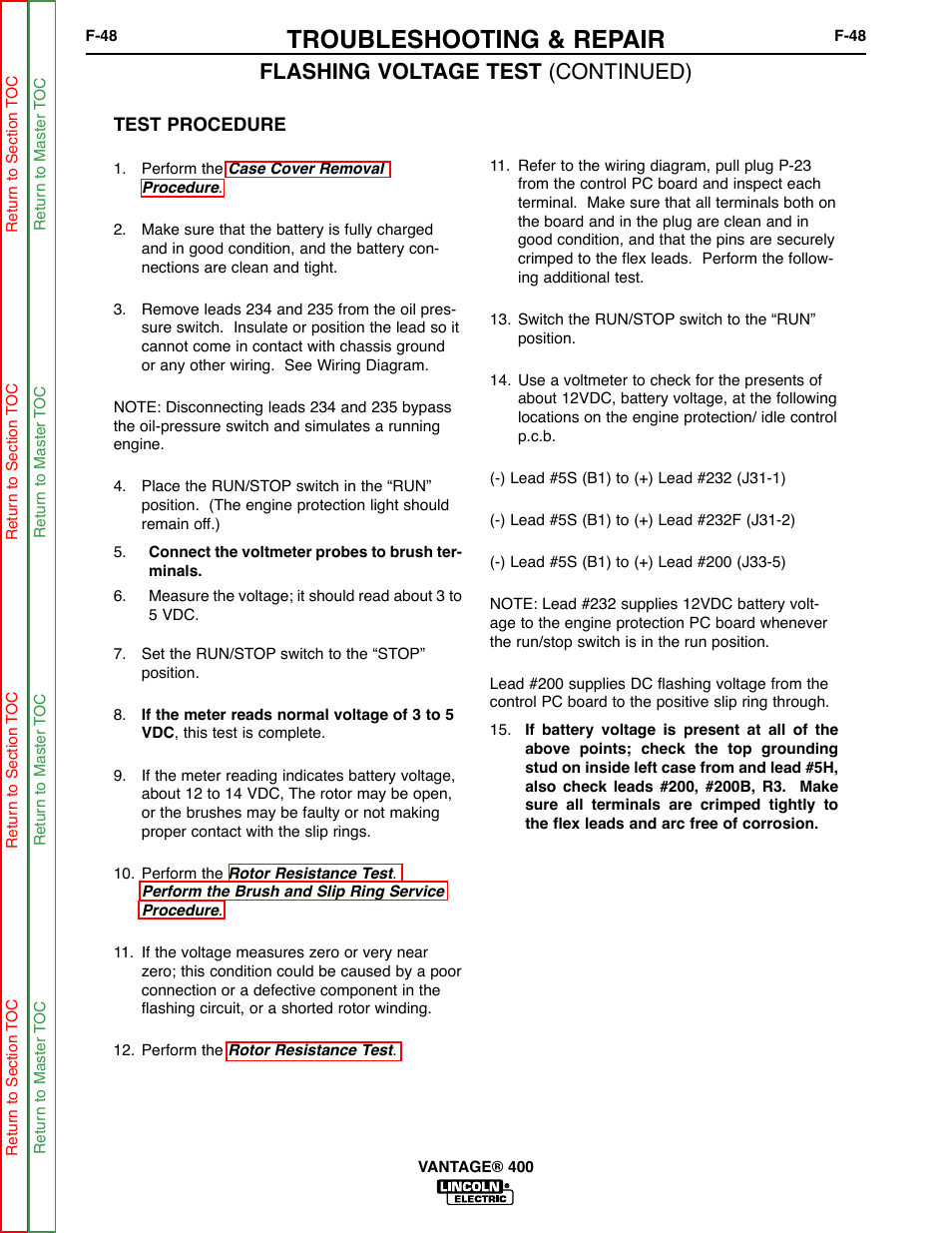 Troubleshooting & repair, Flashing voltage test (continued) | Lincoln Electric VANTAGE 400 User Manual | Page 96 / 166