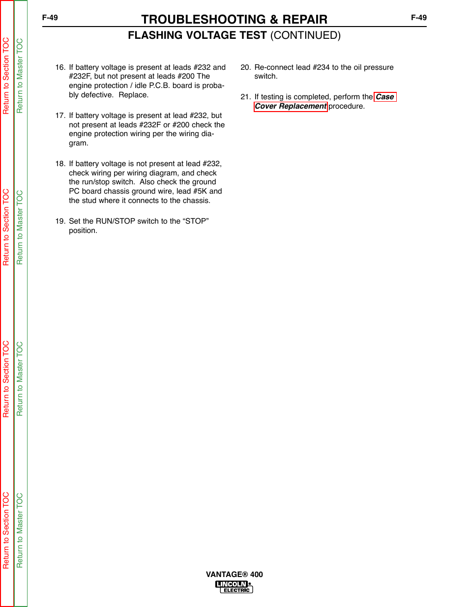 Troubleshooting & repair, Flashing voltage test (continued) | Lincoln Electric VANTAGE 400 User Manual | Page 97 / 166