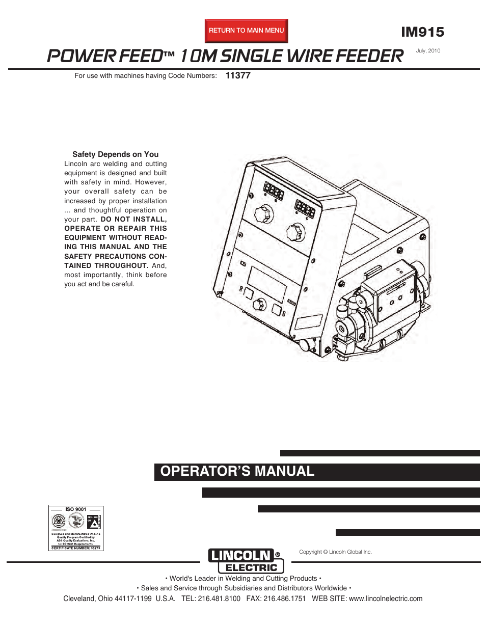 Lincoln Electric POWER FEED IM915 User Manual | 72 pages