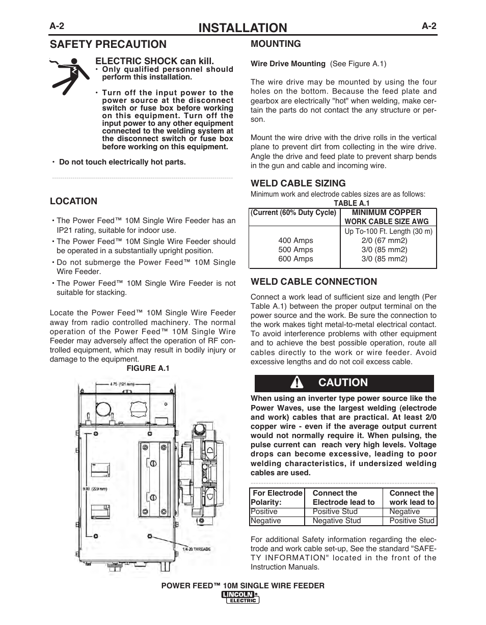 Installation, Safety precaution, Caution | Lincoln Electric POWER FEED IM915 User Manual | Page 10 / 72