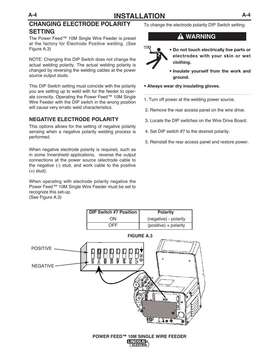 Installation, Changing electrode polarity setting, Warning | Lincoln Electric POWER FEED IM915 User Manual | Page 12 / 72