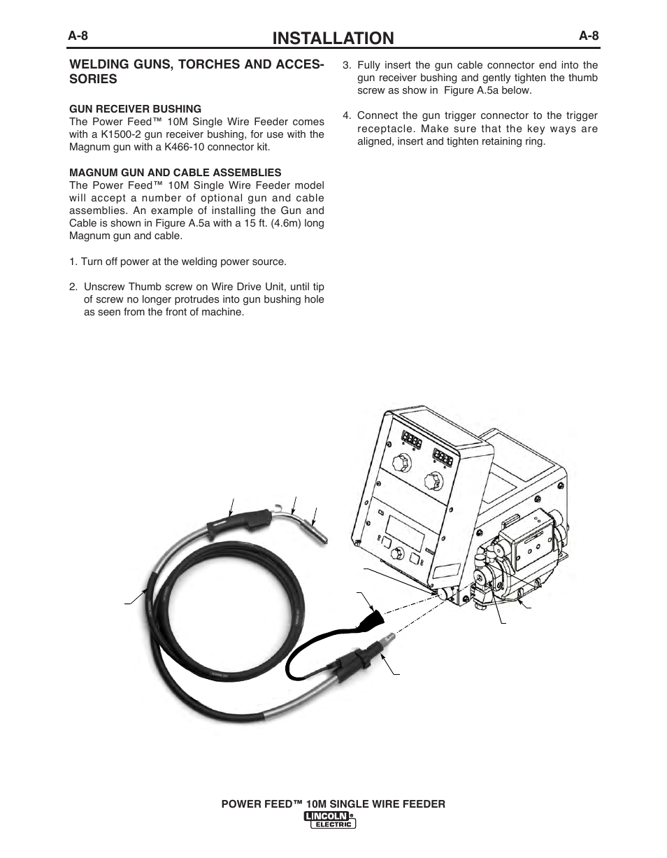 Installation, A-8 welding guns, torches and acces- sories | Lincoln Electric POWER FEED IM915 User Manual | Page 16 / 72