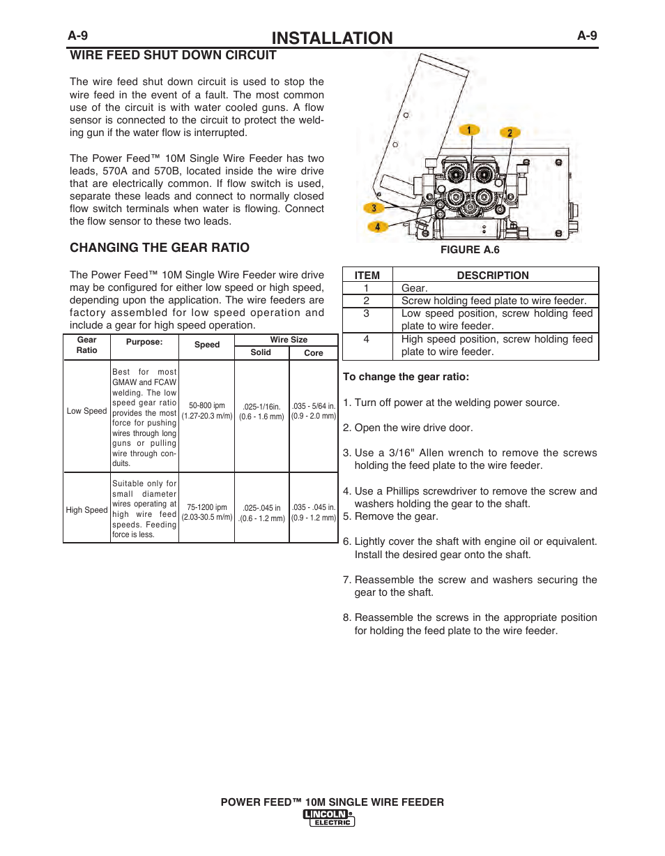 Installation, A-9 wire feed shut down circuit, Changing the gear ratio | Lincoln Electric POWER FEED IM915 User Manual | Page 17 / 72