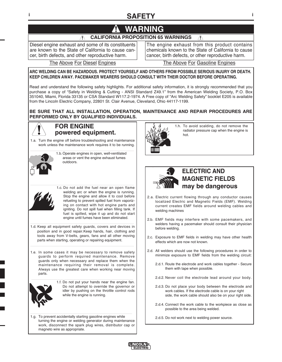Warning, Safety, For engine powered equipment | Electric and magnetic fields may be dangerous | Lincoln Electric POWER FEED IM915 User Manual | Page 2 / 72