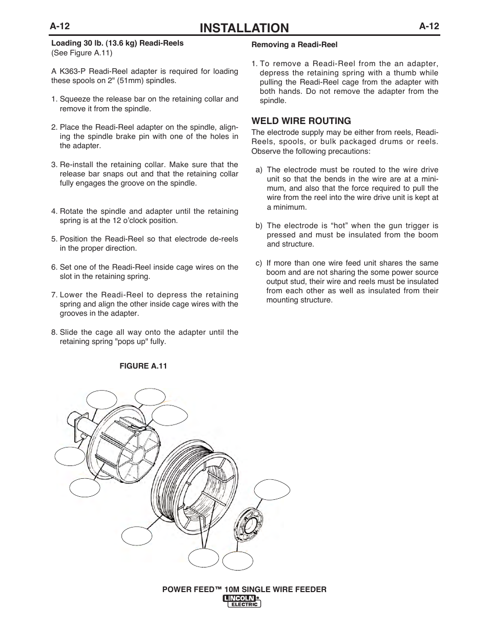 Installation, A-12, Weld wire routing | Lincoln Electric POWER FEED IM915 User Manual | Page 20 / 72