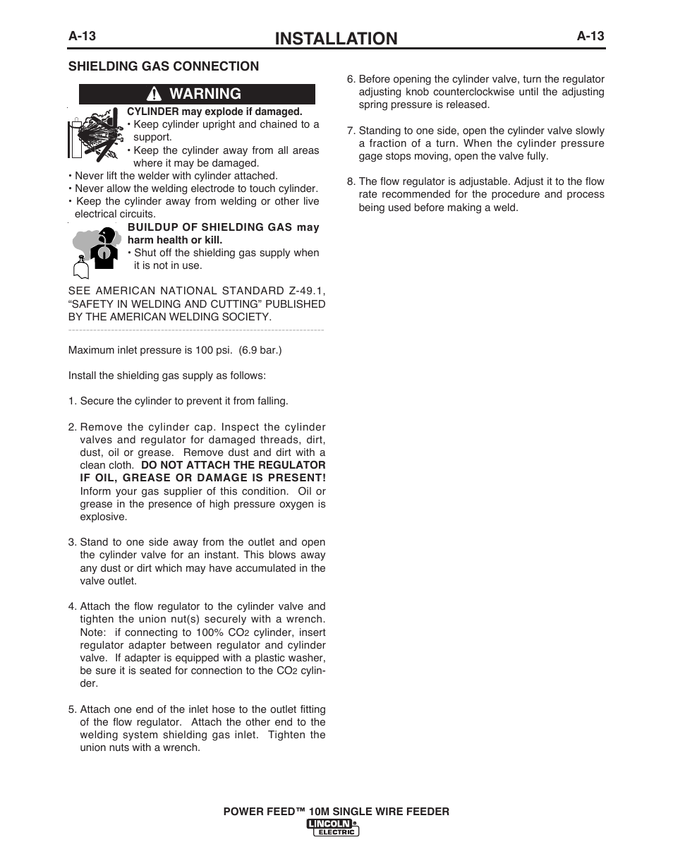 Installation, Warning | Lincoln Electric POWER FEED IM915 User Manual | Page 21 / 72