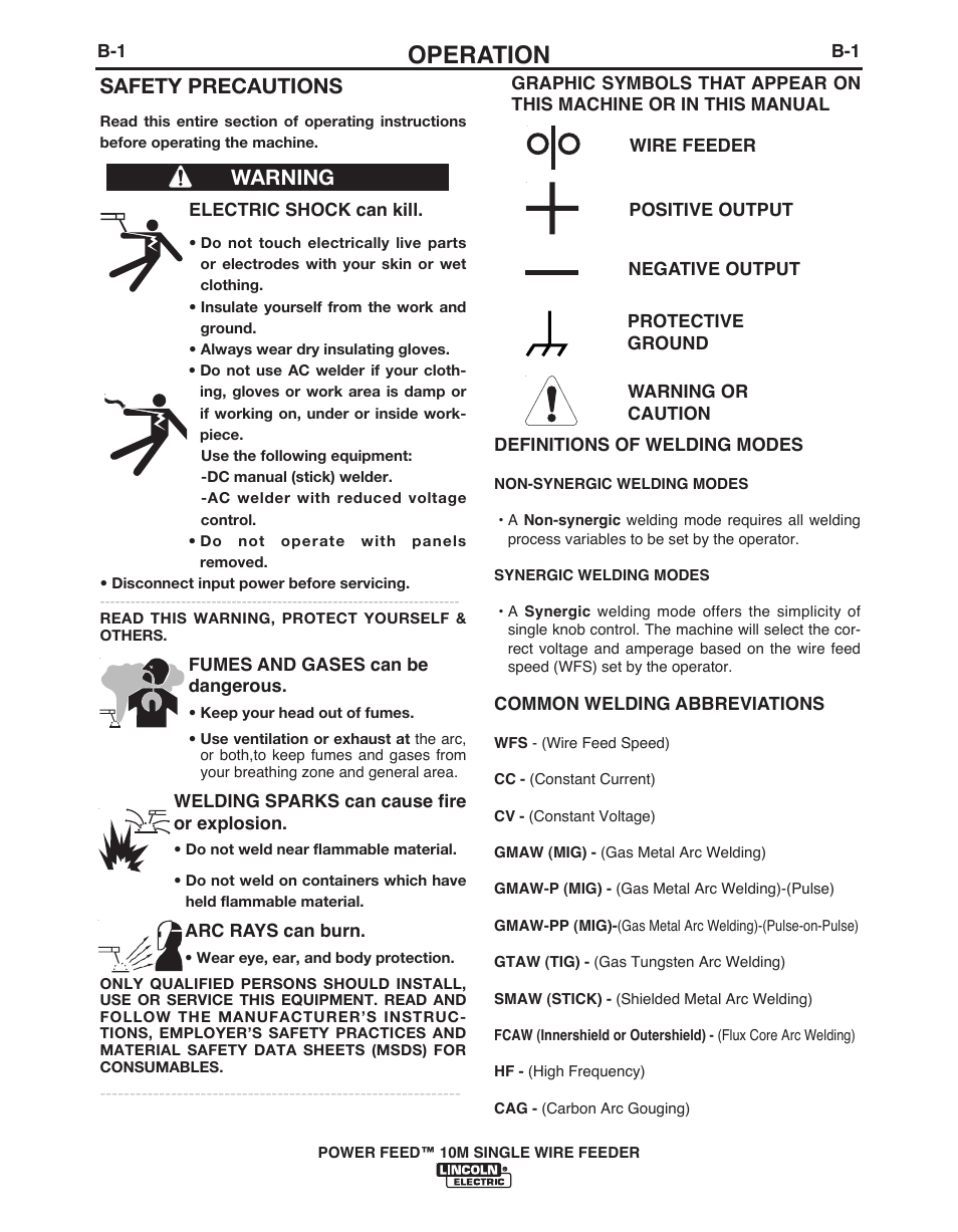 Operation, Safety precautions, Warning | Lincoln Electric POWER FEED IM915 User Manual | Page 23 / 72