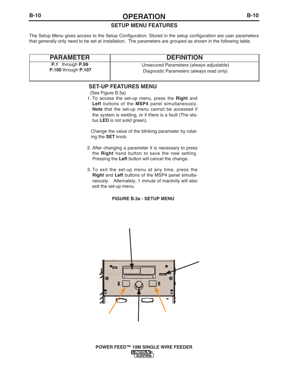 Operation, Parameter, Definition | Lincoln Electric POWER FEED IM915 User Manual | Page 32 / 72