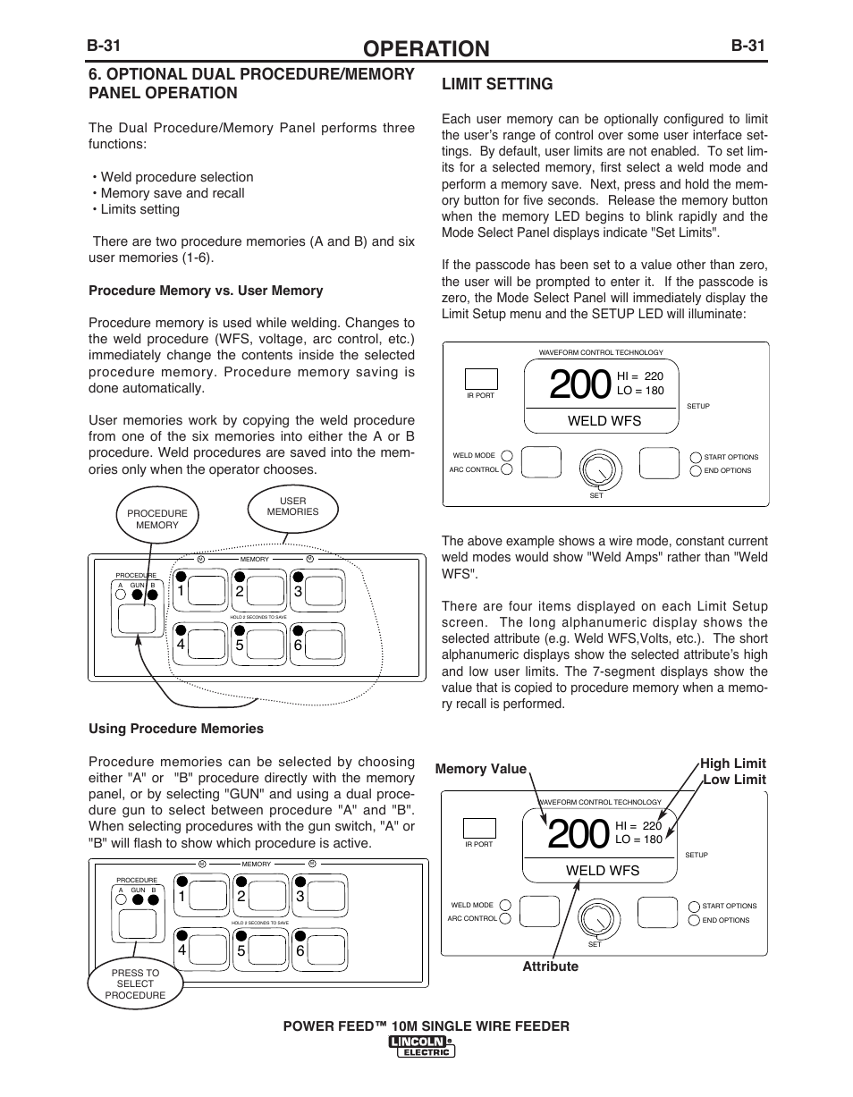 Operation, B-31, Limit setting | Lincoln Electric POWER FEED IM915 User Manual | Page 53 / 72