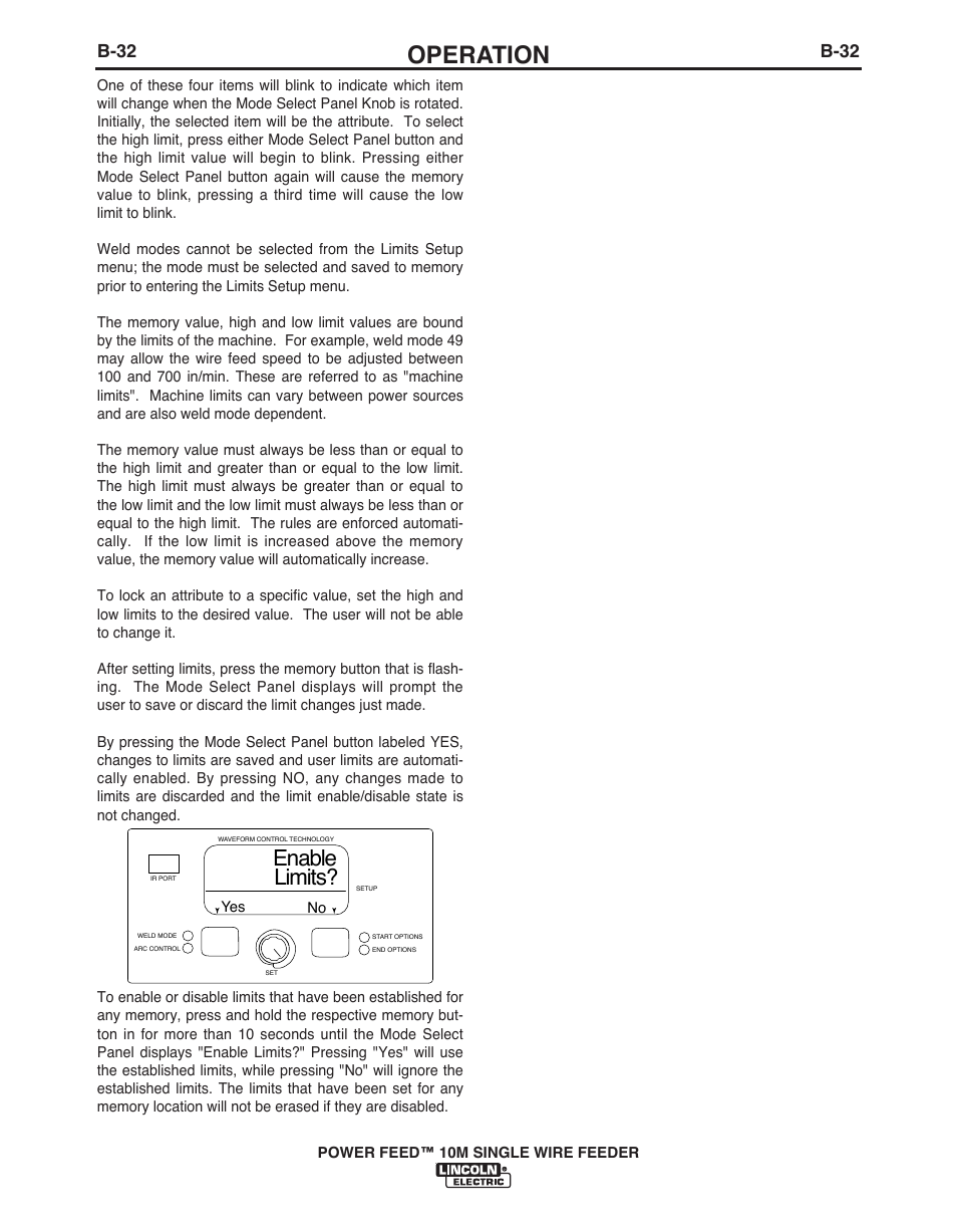 Operation, Enable limits, B-32 | Lincoln Electric POWER FEED IM915 User Manual | Page 54 / 72