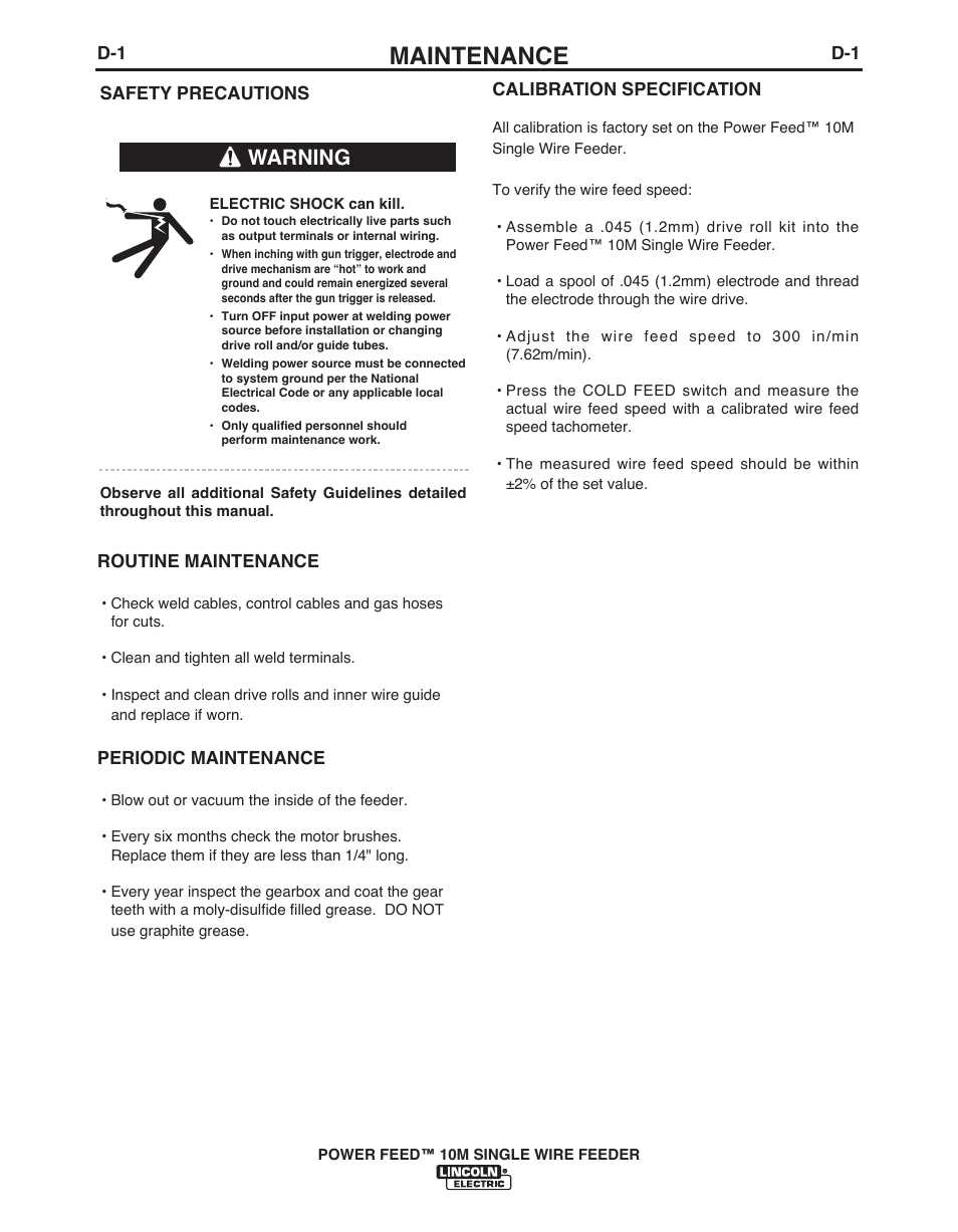 Maintenance, Warning | Lincoln Electric POWER FEED IM915 User Manual | Page 58 / 72