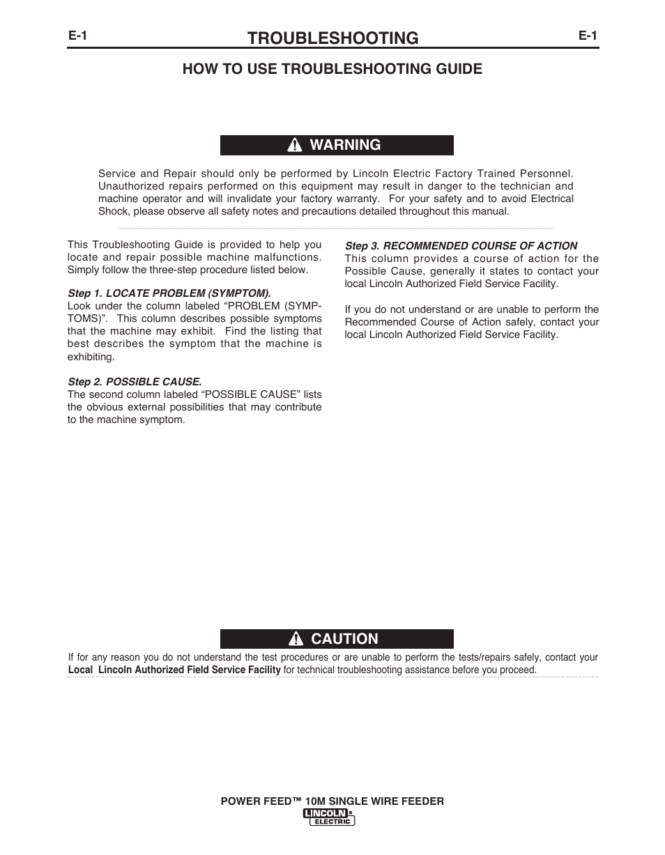 Troubleshooting, Caution, How to use troubleshooting guide | Warning | Lincoln Electric POWER FEED IM915 User Manual | Page 59 / 72