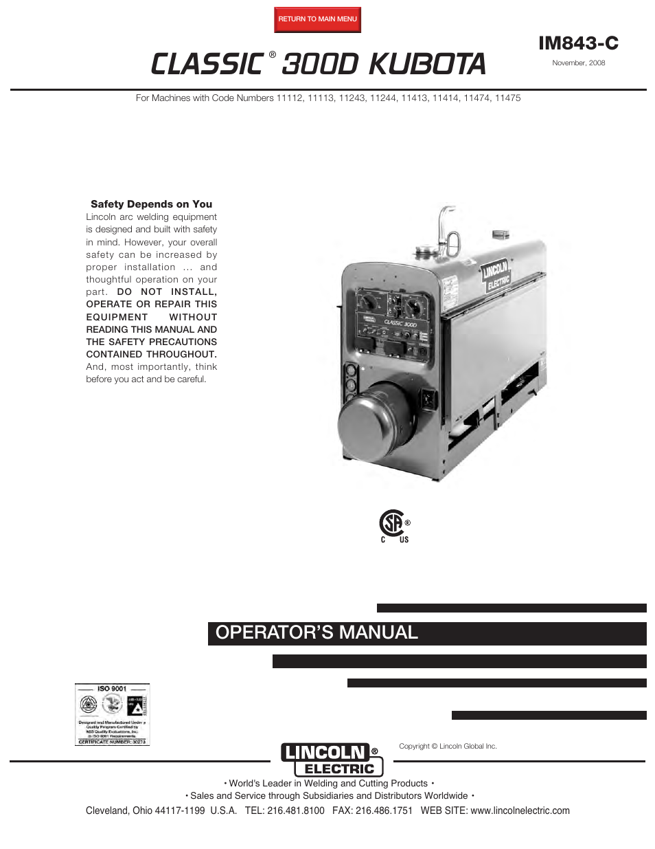 Lincoln Electric CLASSIC 300D KUBOTA IM843-C User Manual | 37 pages