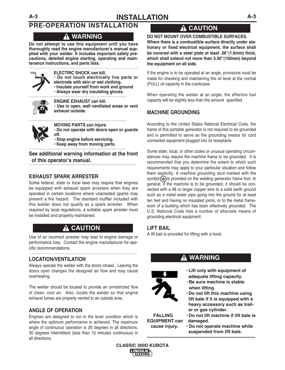 Installation, Pre-operation installation, Warning caution | Caution, Warning | Lincoln Electric CLASSIC 300D KUBOTA IM843-C User Manual | Page 10 / 37