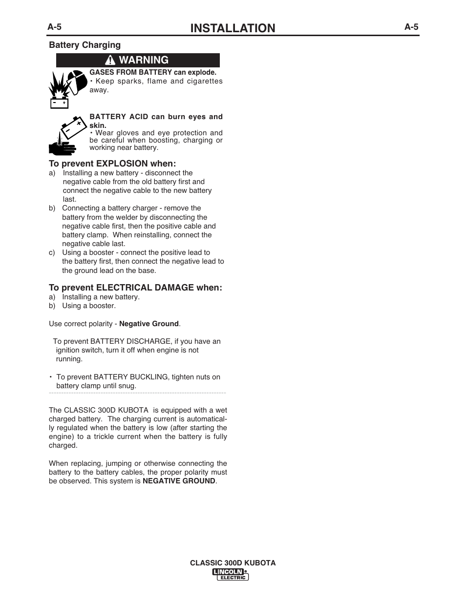 Installation, Warning | Lincoln Electric CLASSIC 300D KUBOTA IM843-C User Manual | Page 12 / 37